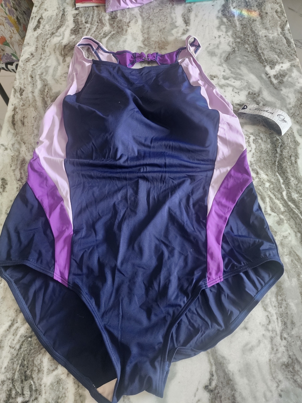 Classic Navy One-Piece Swimsuit with Pink & Purple Accents